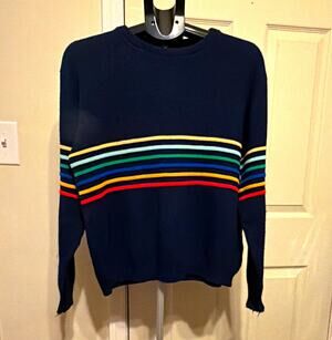 Vintage Amana Crew Neck Pullover Knit Sweater Navy Rainbow Striped M